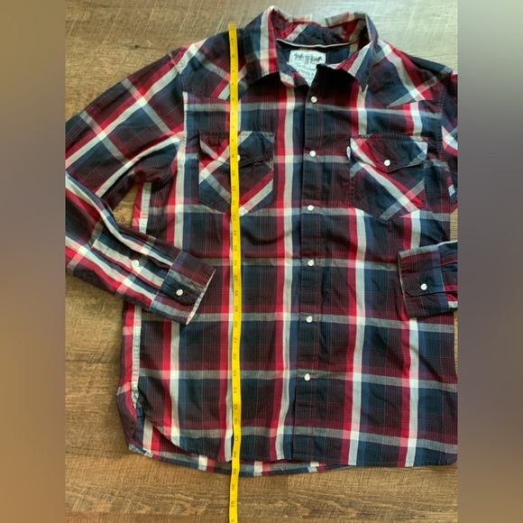 LEVI’S western plaid Pearl snap shirt blue Red White Plaid sz L button down EUC - Picture 9 of 11